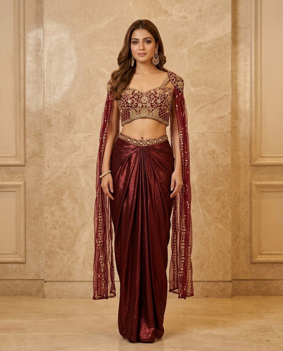 Indowester  drape skirt with blouse & dolphin sleeves