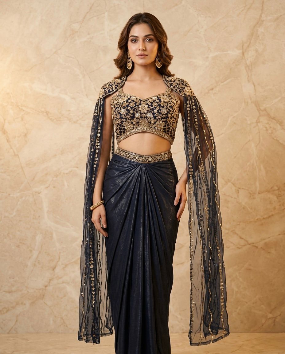 Indowester  drape skirt with blouse & dolphin sleeves