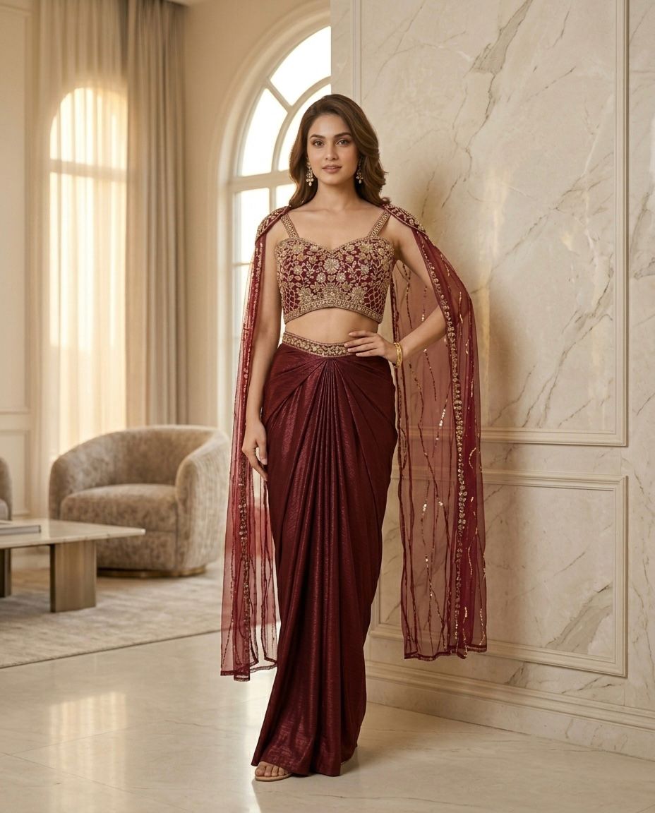 Indowester  drape skirt with blouse & dolphin sleeves