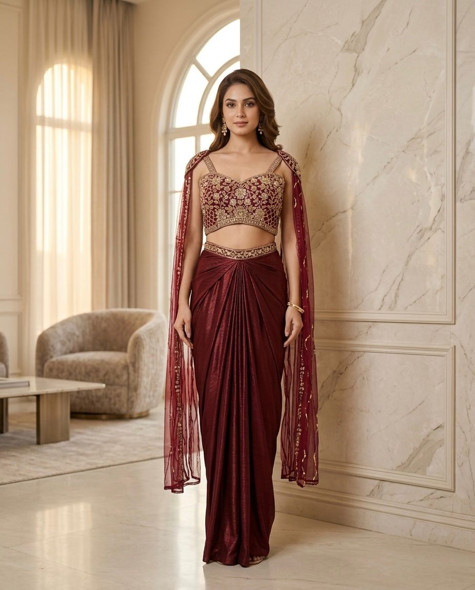 Indowester  drape skirt with blouse & dolphin sleeves